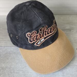 Vtg 90s Carhartt Camp Hat Cap Canvas Strapback 2 Tone Black/Tan Adjustable USA